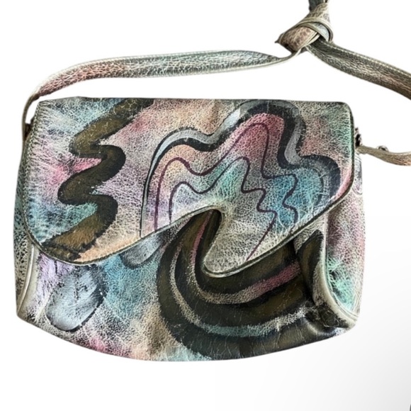 Vintage 80s Brit Rosen Signed Hand Painted Abstract Leather Shoulder Bag Purse - Picture 3 of 13